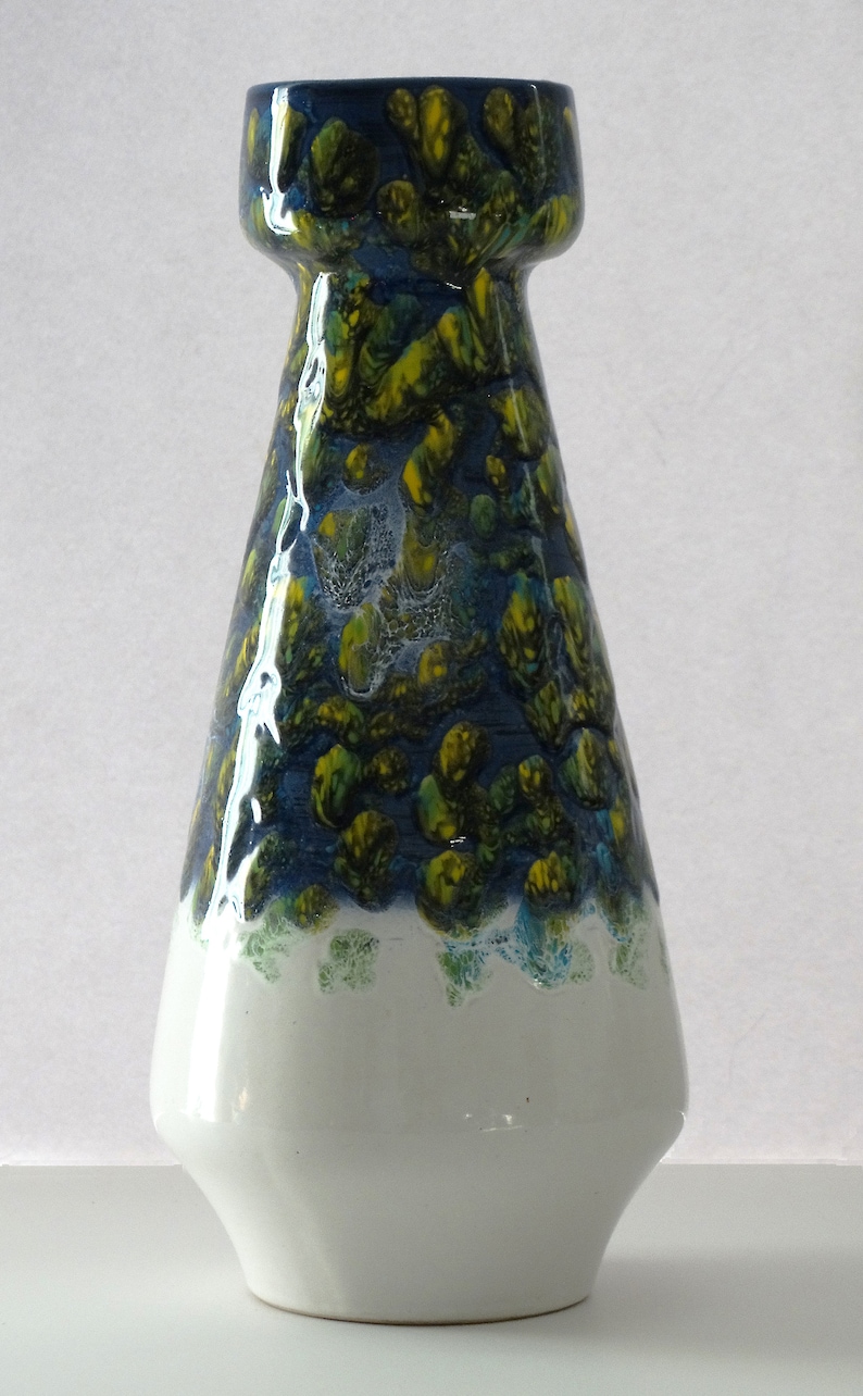 D\u00fcmler /& Breiden Mid Century X Tall White Blue Yellow Fat Lava West German Vase