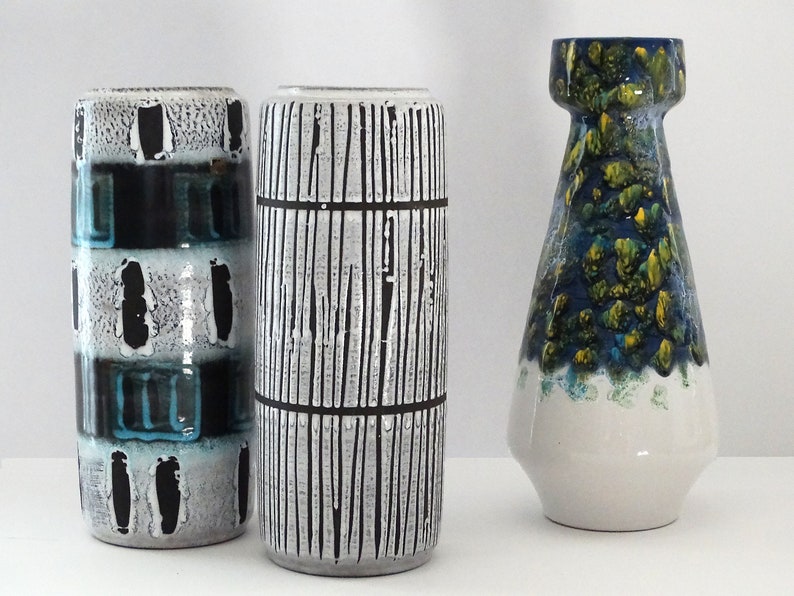 D\u00fcmler /& Breiden Mid Century X Tall White Blue Yellow Fat Lava West German Vase