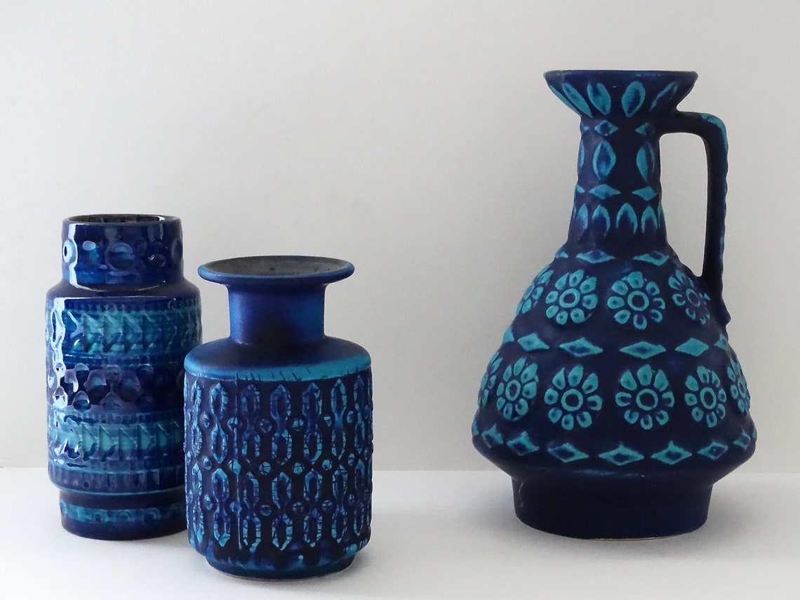 Bay Keramik Mid Century Glossy Blue & Turquoise Incised West - Etsy
