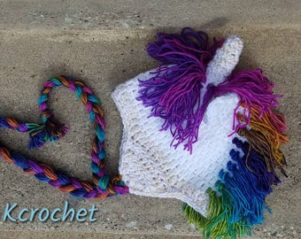 Unicorn hat//Rainbow Unicorn crochet Hat with glitter//Winter hats and caps with braids//Newborn -Adult Sizing