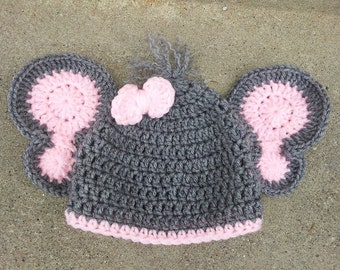 Crocheted Elephant Hat//Unisex winter hats and caps//Grey Elephant Hat//Infant - Adult size