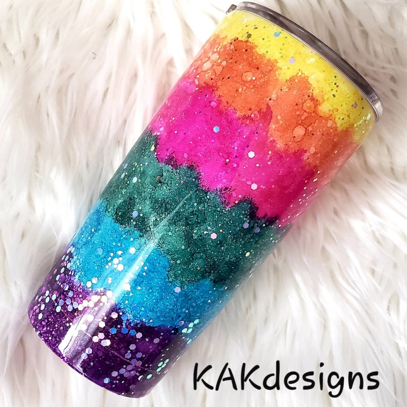 Rainbow Watercolor Glitter Dipped Tumblers//alcohol Ink Yeti Etsy
