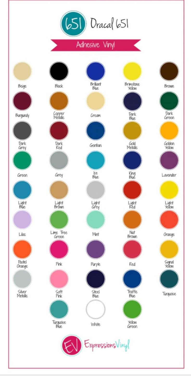 May include: A colour chart of 651 Oracal adhesive vinyl, showing 36 different colours in circles. The colours include beige, black, brilliant blue, brimstone yellow, brown, burgundy, copper metallic, cream, dark blue, dark green, dark grey, dark red, gentian, gold metallic, golden yellow, green, grey, ice blue, king blue, lavender, light blue, light brown, light grey, light red, light yellow, lilac, lime tree green, mint, nut brown, orange, pastel orange, pink, purple, red, signal yellow, silver metallic, soft pink, steel blue, traffic blue, turquoise, turquoise blue, white, and yellow green.