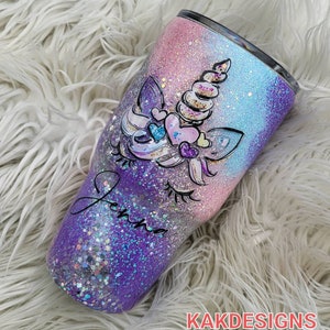 PASTEL Glitter Tumbler with Unicorn Decal & Name//Pink-blue-purple-silver swirled Glitter Tumbler//Customizable Gitter Tumblers image 4