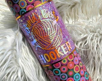 Purple Glitter & Granny Square Tumbler w/ World's Best Hooker Decal//Gifts For Crocheters//Personalized Glitter Tumbler, Customizable