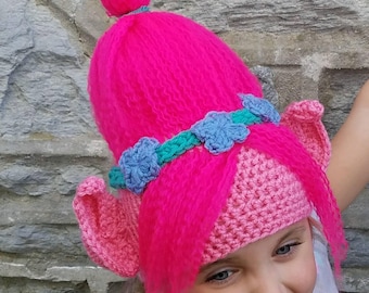 Troll hair//Pink crocheted troll hat//Kids winter hats//Pink troll wig//Custom colors available