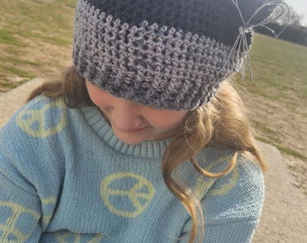 Crochet Cat Hat with Bows: Black & Grey Ombre, Custom Colors