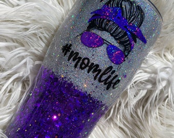 Purple & Silver Glittery Mom Life Tumbler//#MomLife glitter dipped mug//Purple holo personalized tumbler//personalized gifts//Custom Tumbler