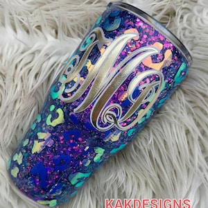 Leopard Print Purple Holographic Glitter Tumbler w/ Gold Monogram//Purple holographic glitter tumbler//Personalized glitter tumblers