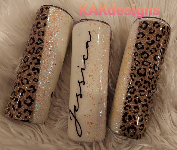 Cream & Gold Tumbler W/ Leopard Print Add Name//bridesmaids 