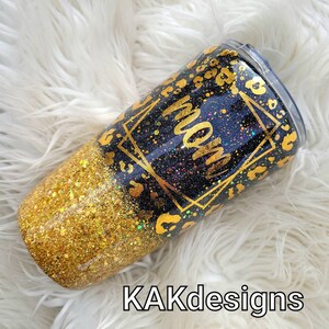 Black & Gold Leopard Tumbler w/ Mom Decal//black and gold ombre, cheetah with gold foil leopard print//Mom tumbler//Personalized Tumblers