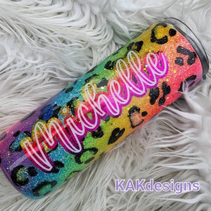 Neon Rainbow Leopard Glitter Tumbler: Personalized 20oz Skinny Mug