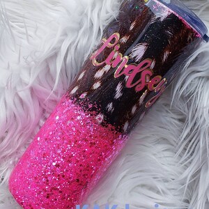 Fawn & Hot Pink Glitter Dipped Tumbler, Add Name/Deer  print and pink glitter ombre/Fawn hide and chunky bright pink ombre/Customizable Mugs