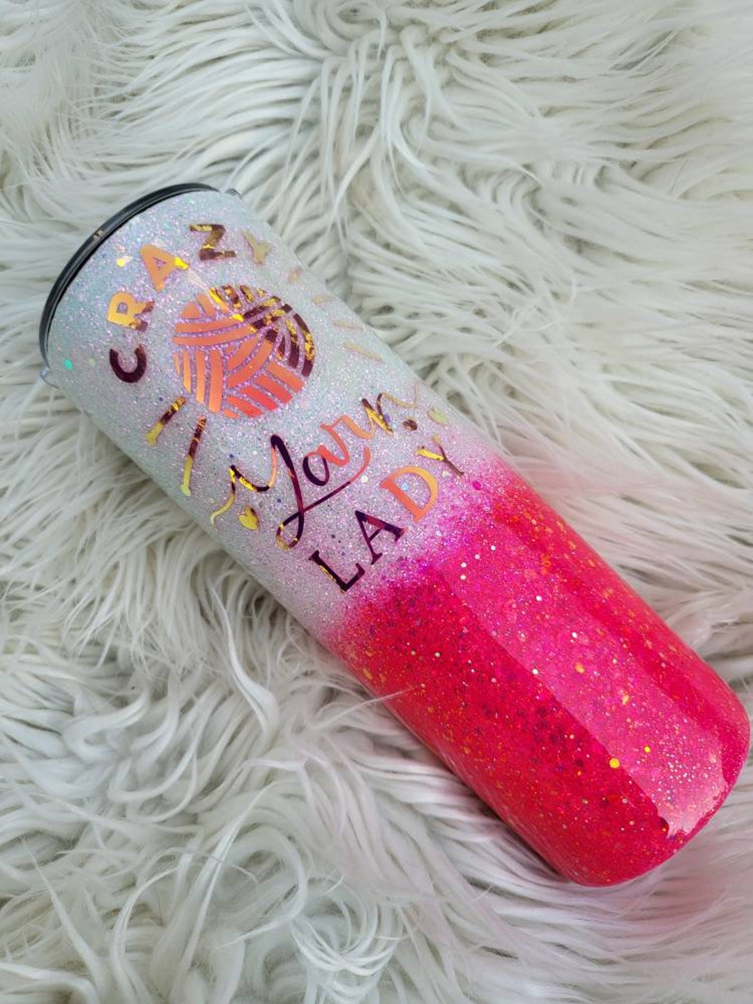 Pink & White Glitter Tumbler W/ Crazy Yarn Lady Decal//custom Glitter