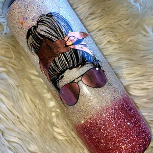 Rose Gold Ombre Tumbler: Messy Bun Momlife, Personalized Glitter Cup