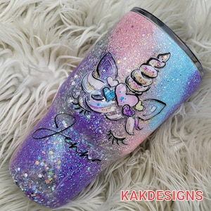 PASTEL Glitter Tumbler with Unicorn Decal & Name//Pink-blue-purple-silver swirled Glitter Tumbler//Customizable Gitter Tumblers Featured Pastels