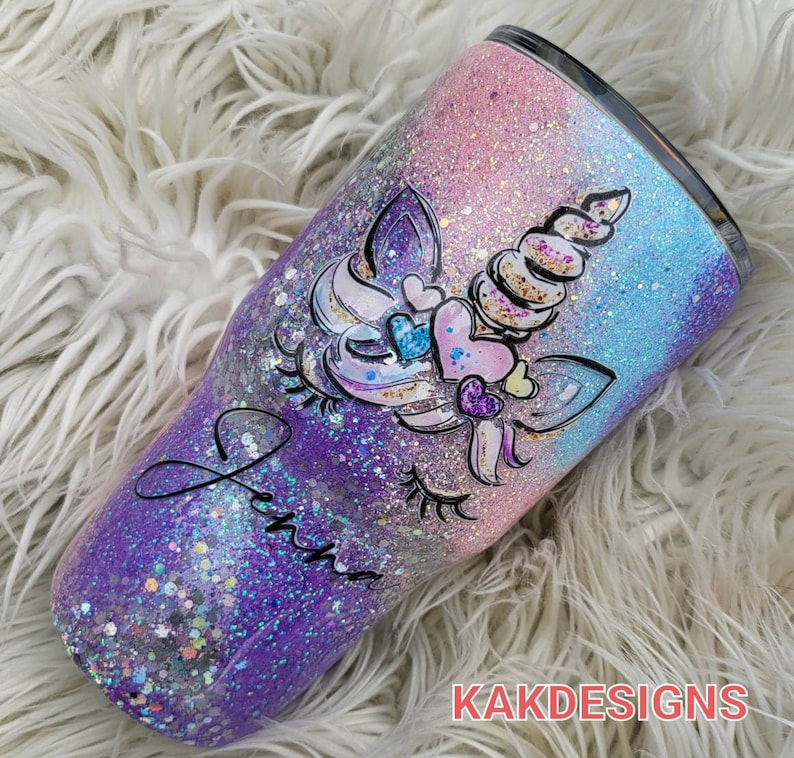 PASTEL Glitter Tumbler with Unicorn Decal & Name//Pink-blue-purple-silver swirled Glitter Tumbler//Customizable Gitter Tumblers image 1