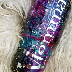 Glitter Galaxy Tumbler w/name//Galaxy Tumbler w/ colorful nebulas//Starry Night Glitter Dipped Tumbler//CUSTOM options add a quote/image/etc