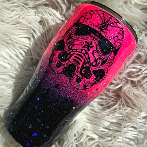 Pink & Black Glittery Tumbler w/ Sugar Skull decal//Black and Pink May the 4th Glitter Tumbler//Custom options and Personalization available