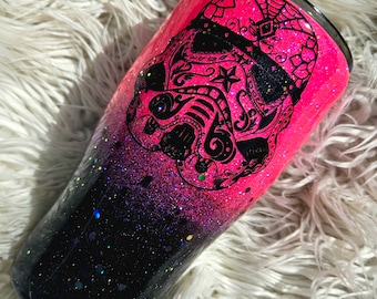 Pink & Black Glittery Tumbler w/ Sugar Skull decal//Black and Pink May the 4th Glitter Tumbler//Custom options and Personalization available