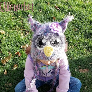 Fuzzy Owl Hat, crocheted girls owl hat with braids, winter hats and caps; toddler thru adult sizing!