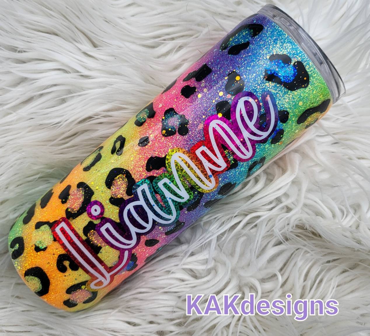 Neon Rainbow Leopard Print Swirl Glittery Tumbler//80s inspired, Rainbow Leopard Mug//Rainbow Mug -Add a name/quote/image/etc