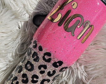 Roze en luipaard ombre glitterbeker//roze tot gouden luipaardprint ombre//personaliseer en aanpasbare glitterbekers