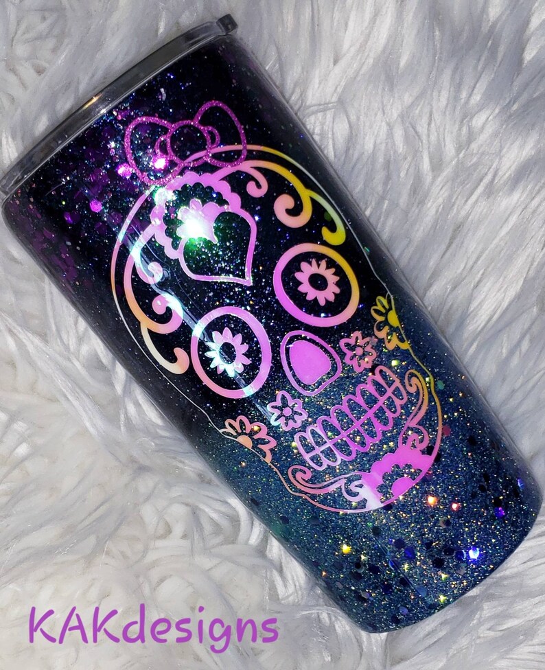 Sugar Skull Glitter Dipped Tumbler W/ Name//color Shifting Etsy