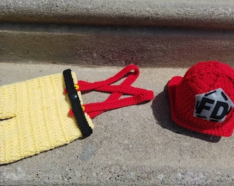 Newborn Fireman set, Hat and Skirt set, Hat and Diaper Cover Set, Twin crochet, crocheted firefighter set, baby firefighter