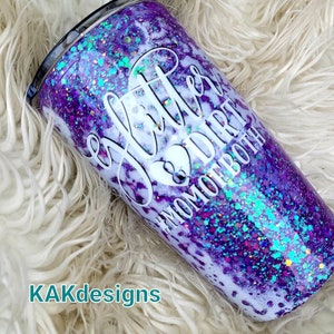 Glitter & Dirt Mom to both//Purple holographic tumbler with white powerwash//gifts for mom//Custom colors and personalization available