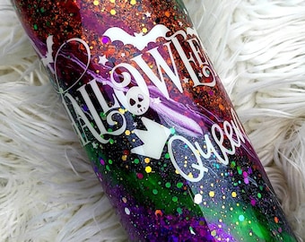 Vaso de Reina de Halloween: Negro, Morado, Verde con Purpurina - Personalizable
