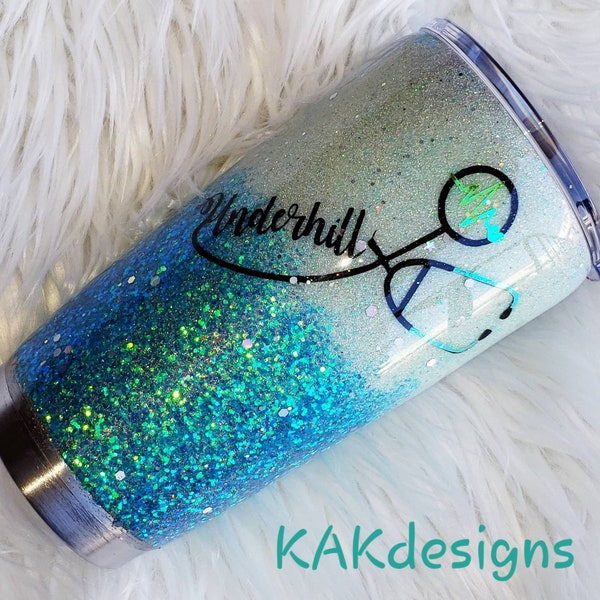 Nurse Glittery Tumbler, w/ Stethoscope, Name & EKG/Nurse glitter dipped Yeti/Custom Options! Gifts for Nurses, Doctors, Paramedics, Emts etc