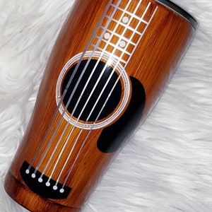 Woodgrain Acoustic Guitar Yeti Tumbler//Alcohol ink Tumblers -with Guitar neck decal//Custom Yeti Tumblers//Music Lover's Tumbler