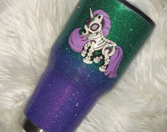 Glittery Tumbler, with sugar skull unicorn//Custom Tumblers//Gold to Rose gold glitter ombre cup with unicorn decal//Custom Designs & Colors