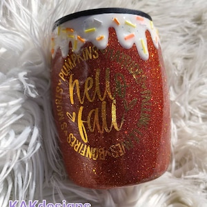 Hello Fall glittery tumbler//Fall Coffee Mug with Hello Fall decal & white frosting w/ sprinkles -add a name/image/quote/etc//Custom options