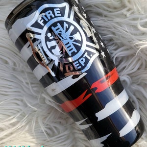 Firefighters Black & white distressed Flag tumbler with Name//Fireman&#39;s  Mug//Personalize- custom options//Gifts for men, No glitter