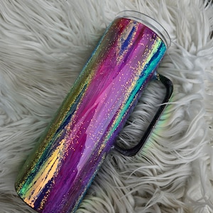 Abstract Neon Rainbow Paint Tumbler w/Glitter//Neon Rainbow Paint Mug with Opalscent Accents -Add a name/quote/image/etc
