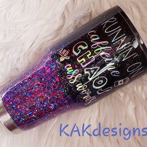 Glitter Yeti//Confetti Tumbler with quote, Runnin&#39; on Caffeine, Chaos, & Cuss words//Rainbow confetti ombre glitter//CUSTOM Yeti Tumblers