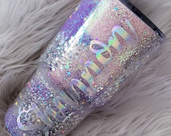 Vaso Yeti de 30 oz con remolino de purpurina pastel: personalizado, con efecto jaspeado, incluye calcomanía.