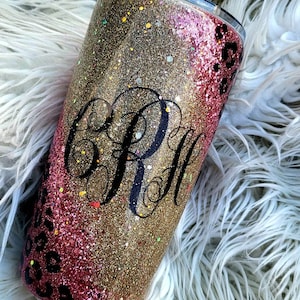 Rose gold & gold tumbler w/ leopard print, add name//bridesmaids gifts//glittery tumbler w/ leopard print//leopard print custom tumblers
