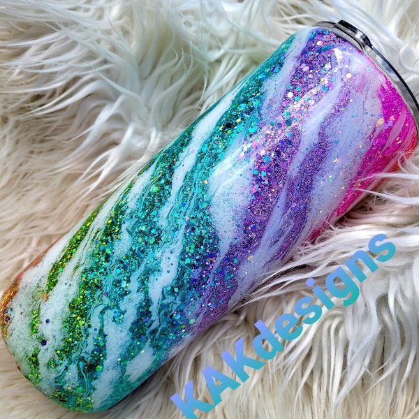 Marble rainbow glitter dipped tumbler//Rainbow glitter swirl mug//bright rainbow mug//Personalized Tumbler -add your name/image/quote