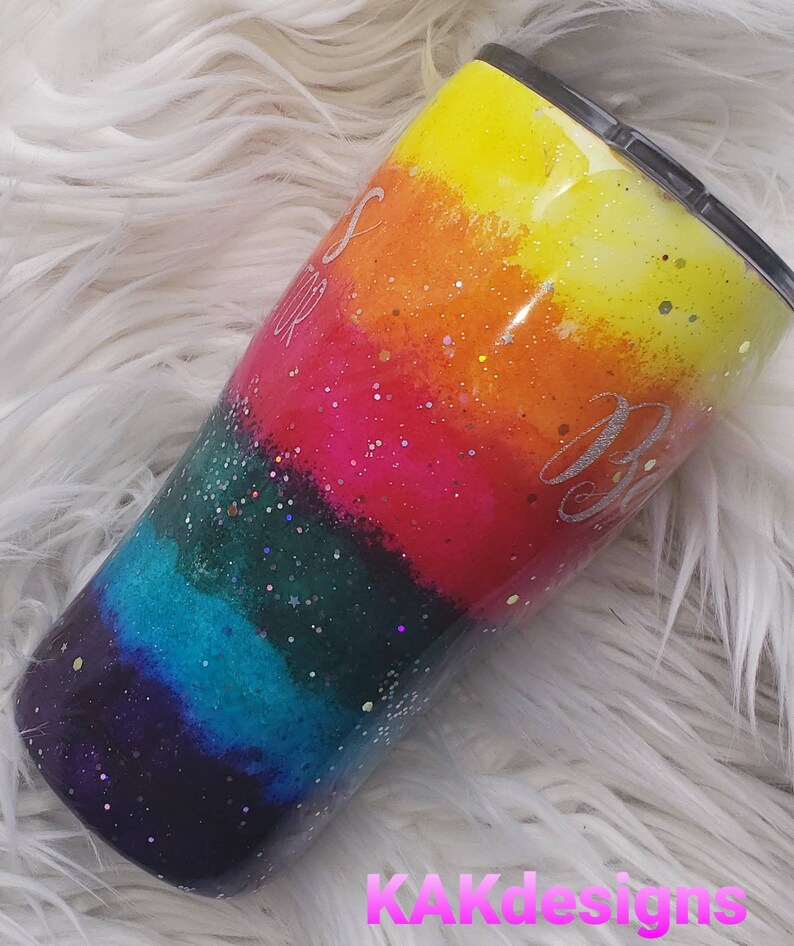 Rainbow Watercolor Glitter Dipped Tumblers//alcohol Ink Yeti Etsy