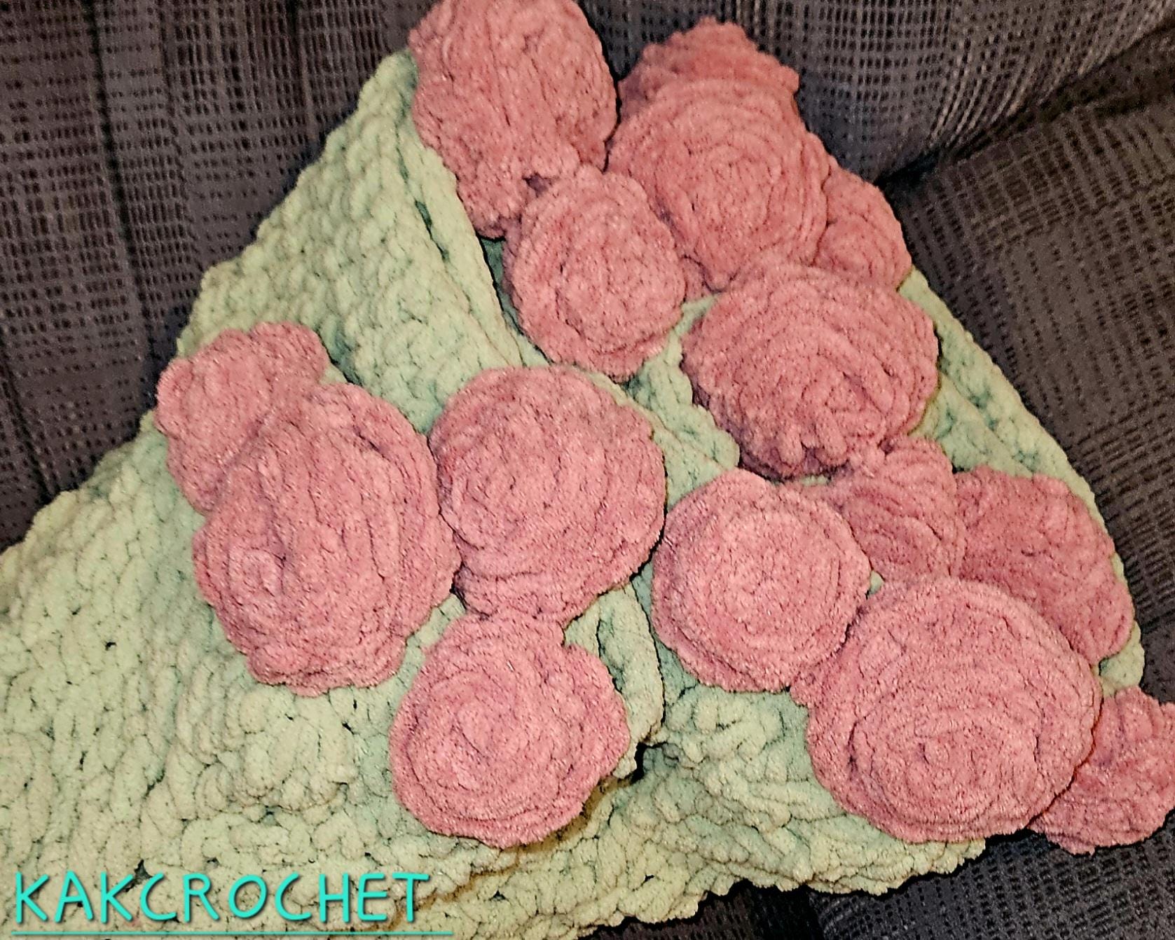 Plush Roses Throw Crocheted Plushy Rose Bouquet Blanket//sage Green Plush Throw W/ Pink ...