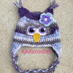 Purple Owl Hat, crocheted girls owl hat with braids, winter hats and caps; toddler thru adult sizing!