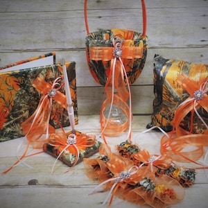 Camo Wedding Set, Wedding Flower Girl Basket,Wedding Pillow, Guest Book, Pen and Wedding Garter, True Timber Orange Camouflage Wedding Set image 1