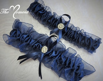 Navy Blue Organza with Navy Blue Satin Garter Set, Wedding Garter Set, Something Blue Garter, Keepsake Garter, Prom Garter, Cheer Garter