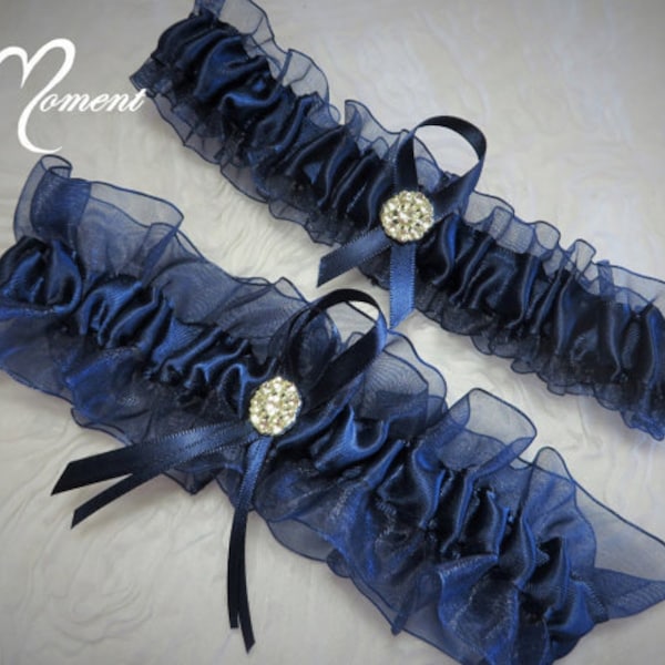 Navy Blue Organza with Navy Blue Satin Garter Set, Wedding Garter Set, Something Blue Garter, Keepsake Garter, Prom Garter, Cheer Garter