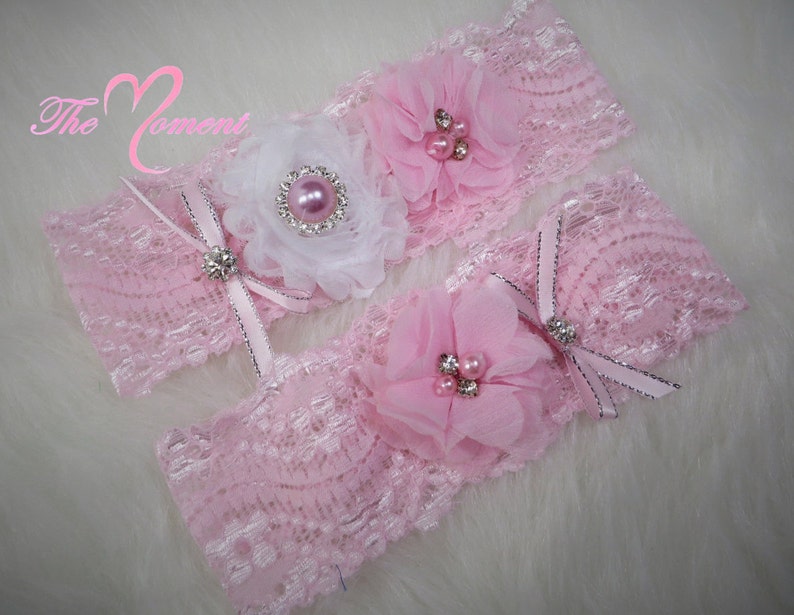 Pink Lace Garter Set, Soft Pink Garter, Wedding Garter, Bridal Garter, Stretch Lace Garter, Customize Garter, Vintage Garter image 1