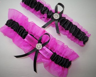 Fuschia Pink Organza with Black Satin Garter Set, Wedding Garter, Bridal Garter, Keepsake Garter, Prom Garter, Valentine's Day Garter