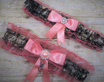 Coral Camo Garter Set, Camo Garter Set, Coral Bridal Garter, Coral Wedding Garter, Garter, Camo Wedding,  Pink Garter